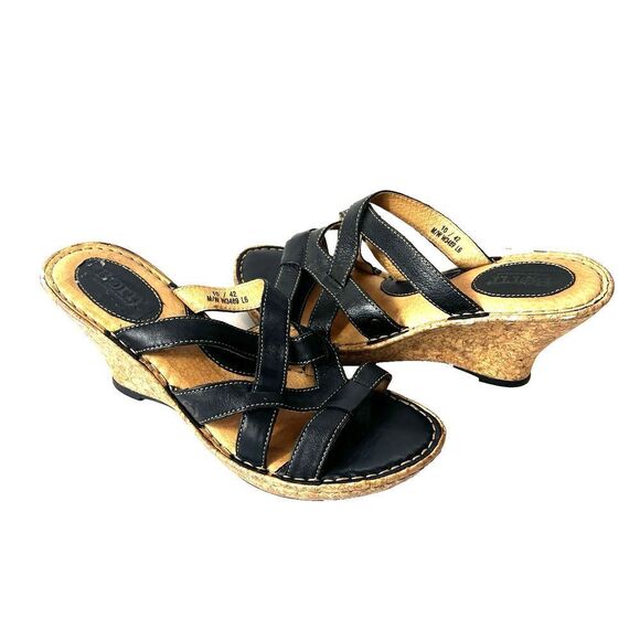 Born Womens Sz 10M Wedge Cork Heel Sandals Leather Black Casual Slip On Open Toe - Picture 3 of 12